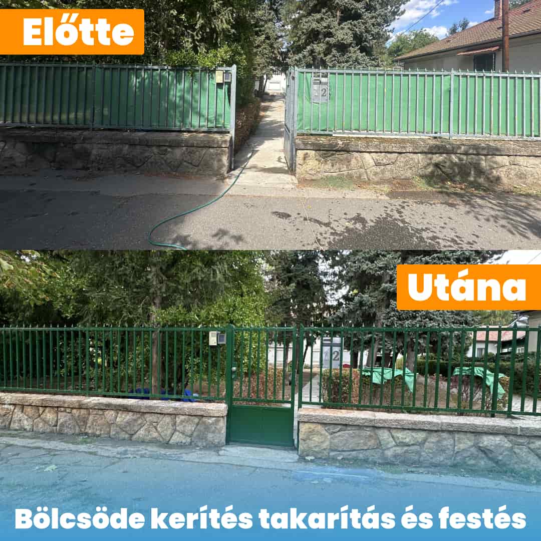 Kerítés takarítása és festése előtte és utána