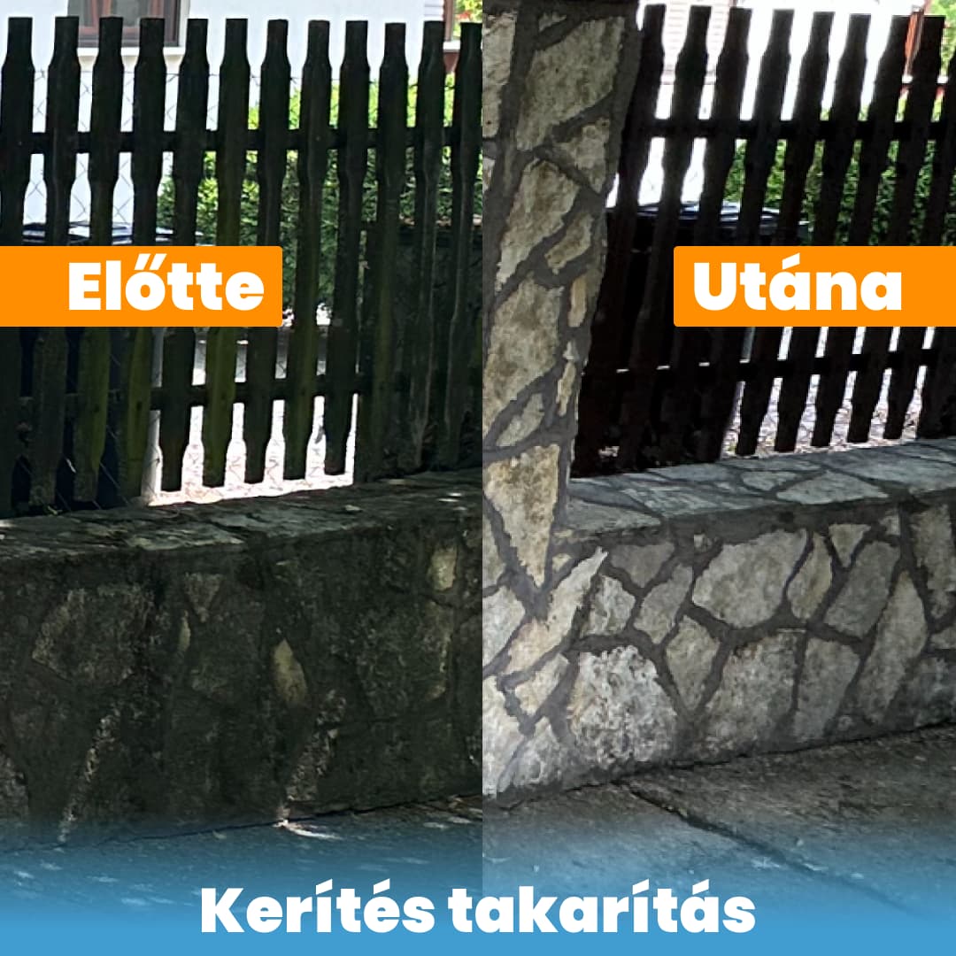 Kőkerítés takarítása előtte és utána