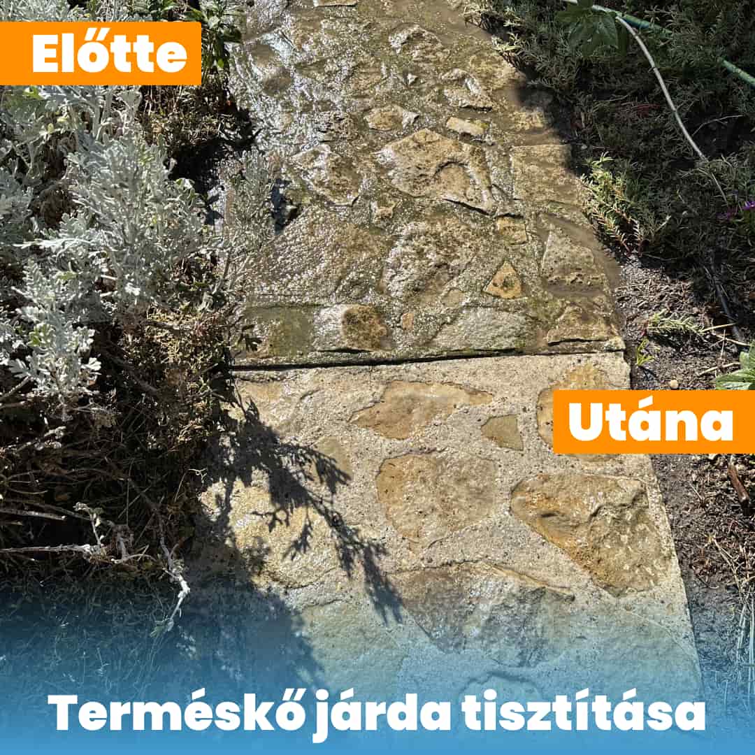 Terméskő járda tisztítása előtte és utána